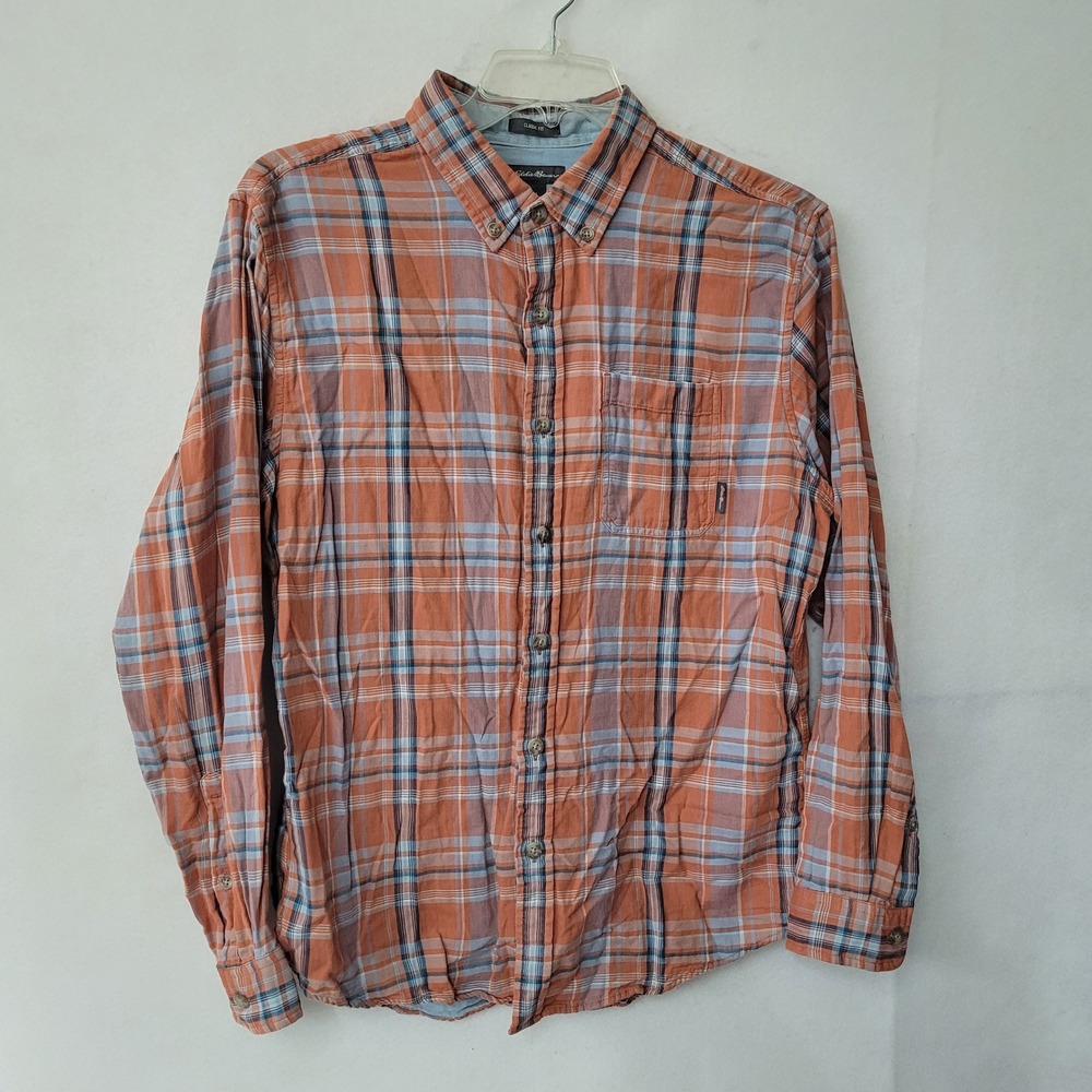 Eddie Bauer Mens Plaid‎ Button Down Shirt Classic Fit Casual Orange Blue Large
